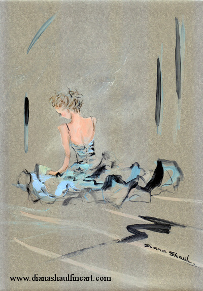 Original painting of a young woman sitting on the floor, the skirt of her dress spread out around her.