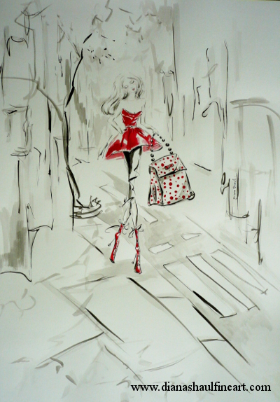Original painting of a beautiful fashionista with a gigantic polka-dot bag.