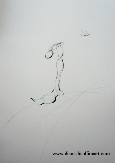A stylised image of a woman in a long gown setting a bird free.