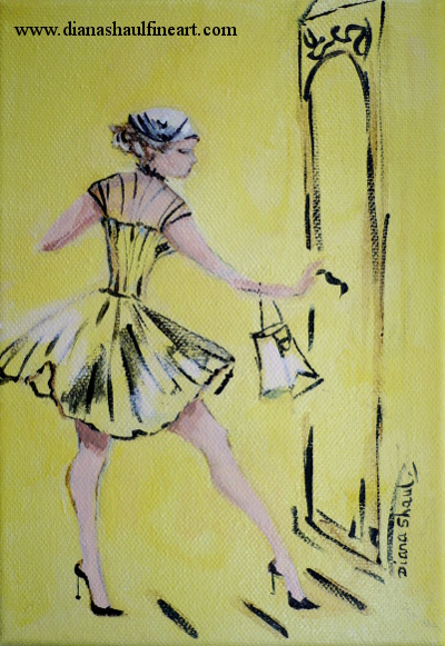 Original painting on canvas in which a young woman in a short bright yellow dress turns the handle of a bright yellow door.