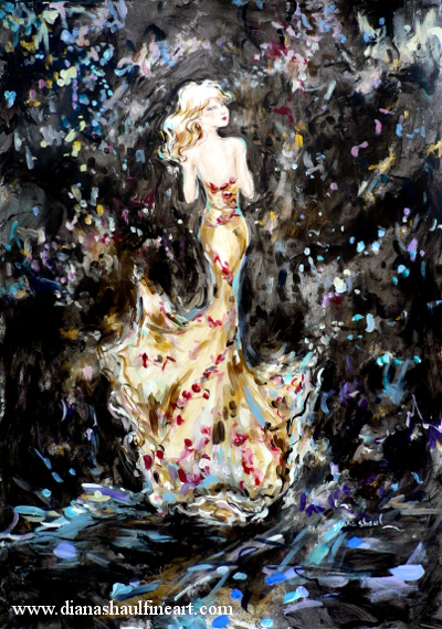 Painting of a woman walking down a tree-lined path, blossoms falling like confetti.