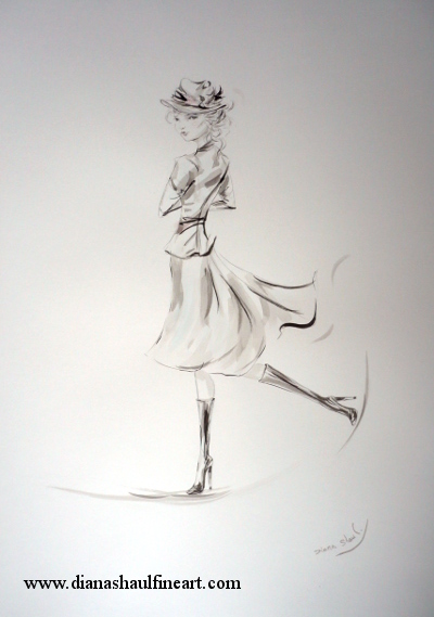 A young woman wearing a skirt suit, hat and knee-high boots looks out at you over her shoulder from this original painting.