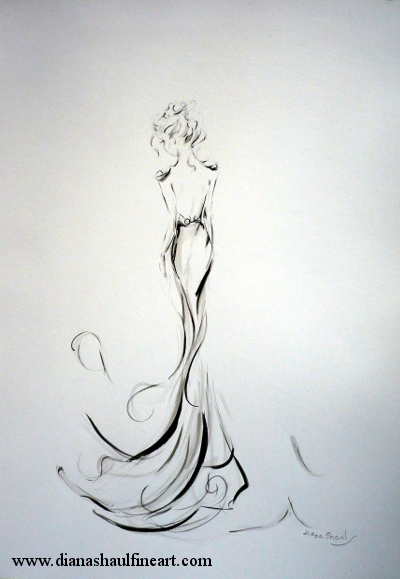 Monochrome study of a woman in a long gown with epaulettes.