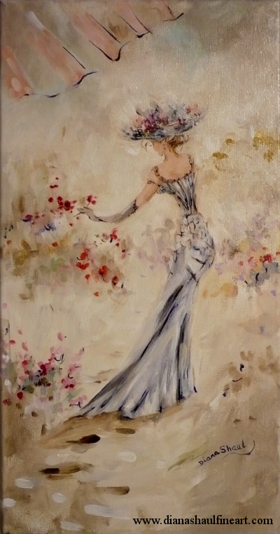 An elegant lady in period attire picks a flower from her garden.