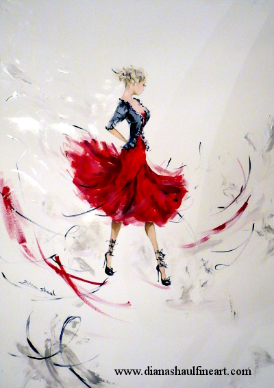 In this original painting, a beautiful fashionista rocks a gorgeous outfit in red and black.