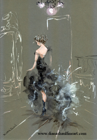 Original painting: a young woman poses in a frothy floor-length dress, worn with high-heeled boots.