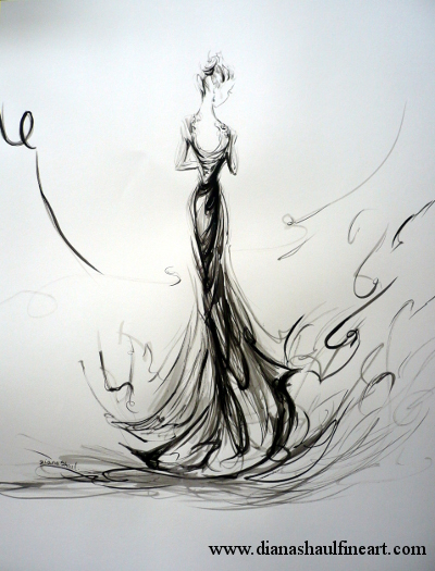 Monochrome study of an elegant woman standing, back to the viewer.