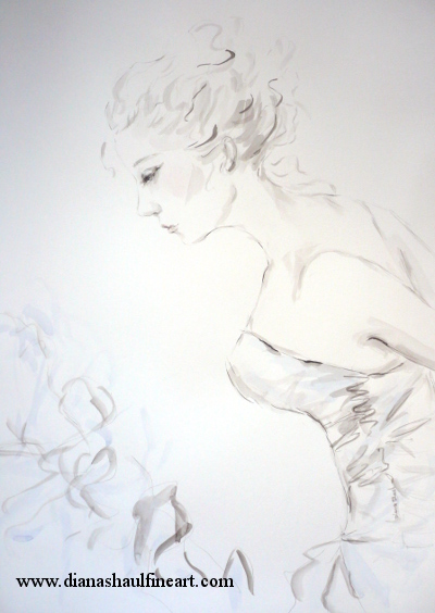 A beautiful and elegant black and white drawing of a woman in profile leaning forward, arms behind her back.