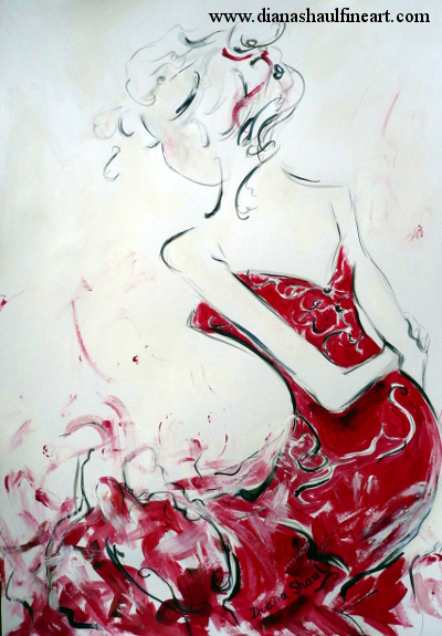 Original painting of a woman in a dramatic red evening gown.