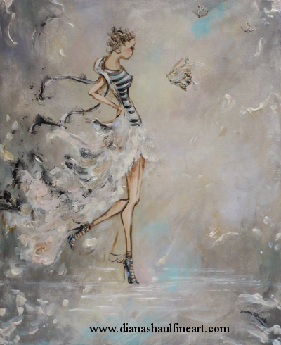 Original painting of a woman in strappy heels and a glamorous evening dress on a wet street, butterflies before her.