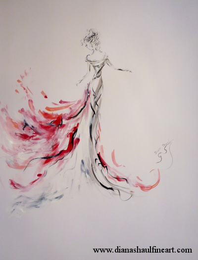 Painting in shades of red, black and white of a woman dancing.