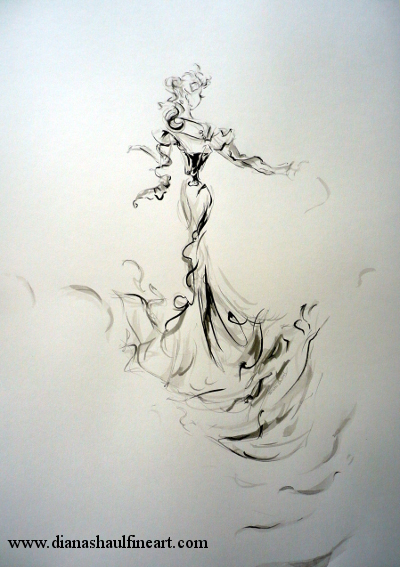 Monochrome semi-abstract drawing of a woman in a long gown.