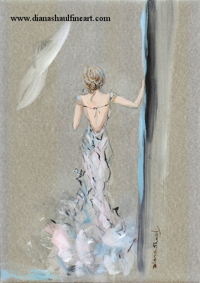 Original painting of a woman from the back, standing in a doorway, wearing a floor-length gown.