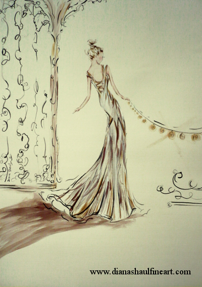Painting on a cream surface of a woman in a gold-toned dress stringing lights.