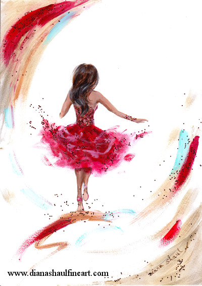 Original painting of a beautiful young woman seen from the back in a glittery red knee-length dress.