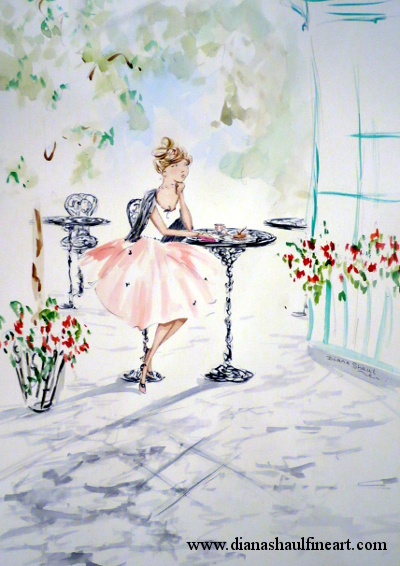 A young woman awaits news over tea and cake. Original painting.