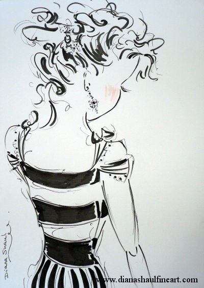 Ink and pencil profile drawing of a woman with her head dipped.
