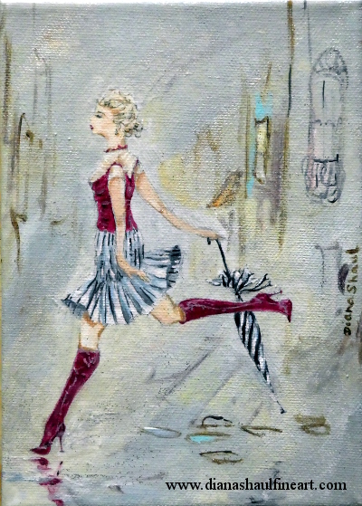 A young woman confidently navigates the glistening puddles on the street in this original painting.