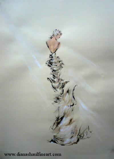 Semi-abstract painting of a woman from the back, lit by bright white light.
