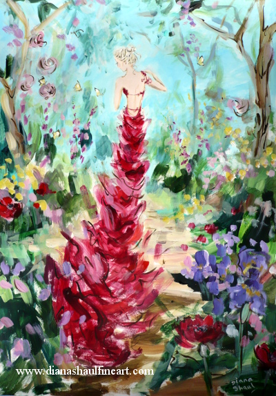 Original painting of a woman wearing a full-length red evening gown in a beautiful summer garden.