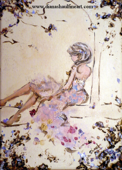 Original painting: a young woman in a pink dress sits at the window, alone with her thoughts.