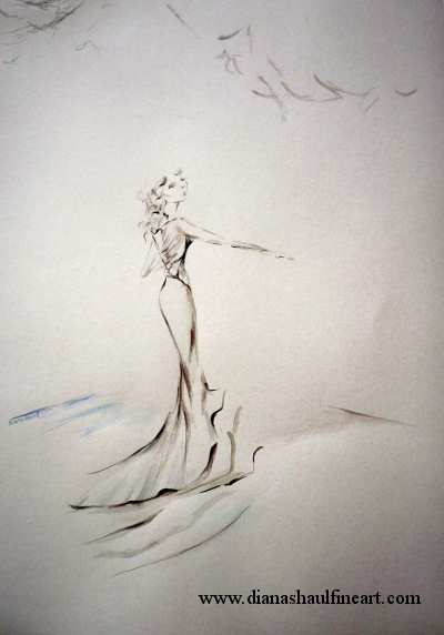 A woman reaches for an outstretched hand. Original ink and pencil drawing.