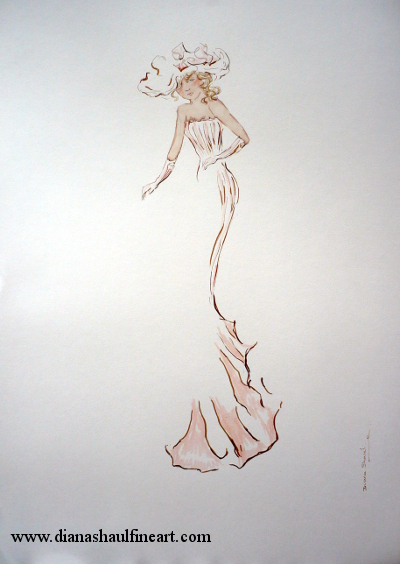 Drawing of a woman in a long gown descending into an unseen car.