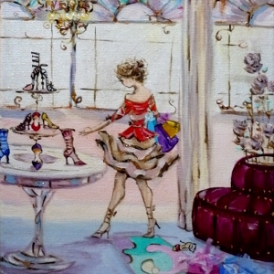 Original painting of a woman in a beautifully appointed shoe shop.