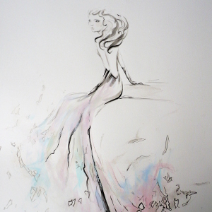 Original painting of a woman seated, created in elegant black line with touches of soft colour.