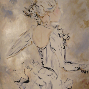Original painting in gold tones of a young woman in a beautiful ruffled dress.