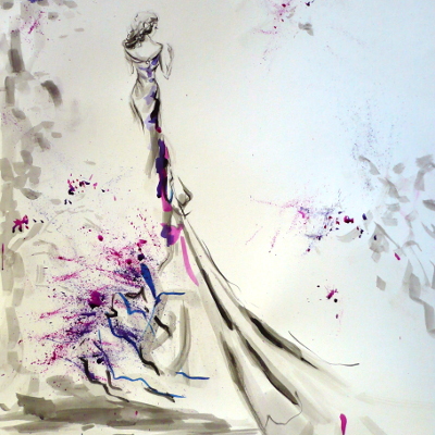 A woman in a dramatic evening gown is viewed from the back in this original painting featuring splatters of ink.