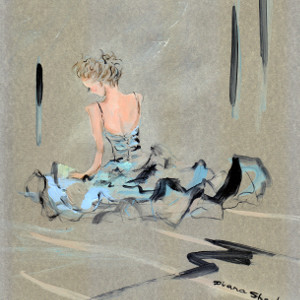 Original painting of a young woman sitting on the floor, the skirt of her dress spread out around her.