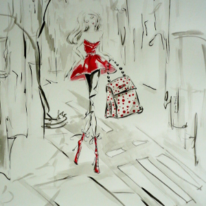 Original painting of a beautiful fashionista with a gigantic polka-dot bag.