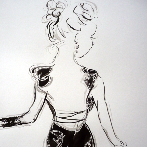 Ink and pencil monochrome study of a woman in a black evening dress.