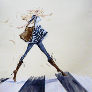 Painting of a woman in a cute fall outfit crossing the street.
