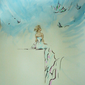 Painting of a seated woman looking up at butterflies in the sky.