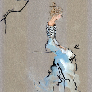 Original painting on silver-coloured card of a seated young woman watching a butterfly.