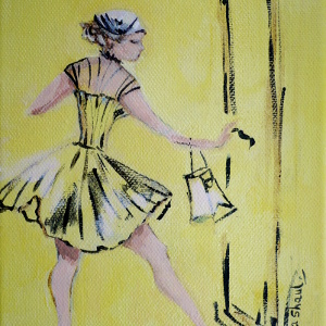 Original painting on canvas in which a young woman in a short bright yellow dress turns the handle of a bright yellow door.