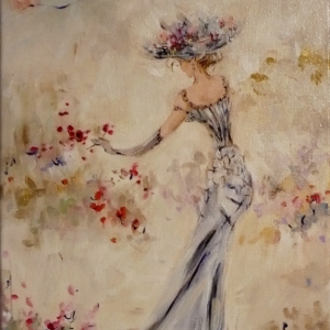 Semi-abstract painting of a woman in a formal gown with an umbrella.