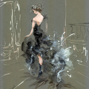 Original painting: a young woman poses in a frothy floor-length dress, worn with high-heeled boots.