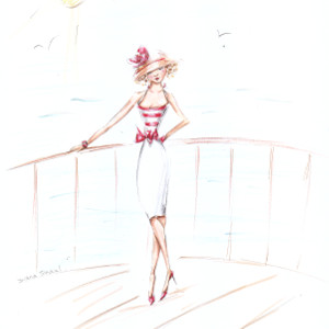 A woman in a striped halter top and straw hat poses on a balcony.