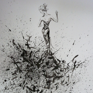 Monochrome painting of a woman dancing, created using a 'controlled chaos' technique.