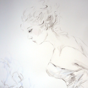 A beautiful and elegant black and white drawing of a woman in profile leaning forward, arms behind her back.