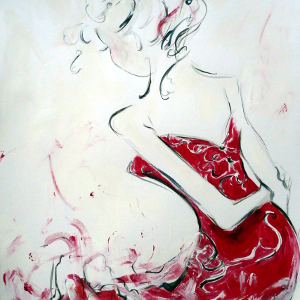 Original painting of a woman in a dramatic red evening gown.