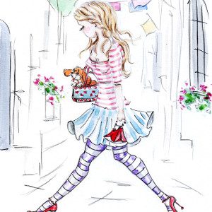 Painting: a young woman wearing a stripy top, a short skirt and stripy tights regards the small dog in her bag as she walks.
