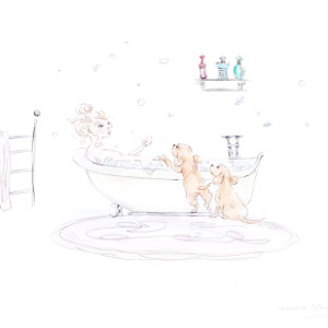 A young woman relaxes in a bubble bath while her two dogs look on. Original drawing.