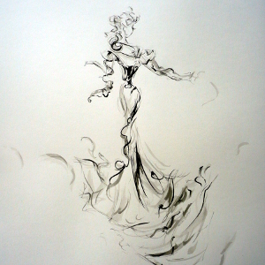 Monochrome semi-abstract drawing of a woman in a long gown.