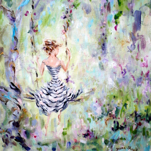 Impressionistic painting of a woman sitting on a swing in a garden.