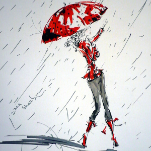 Red and monochrome drawing: a woman hails a taxi in the rain.