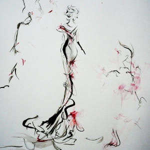 Semi-abstract painting of an elegant woman in red and black.